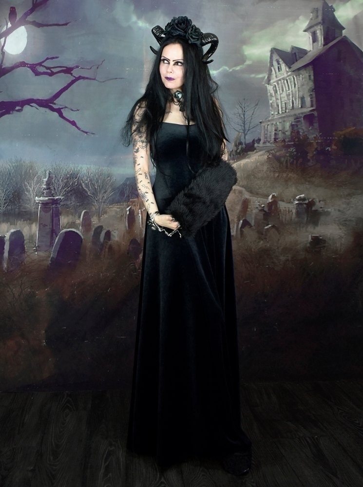 Countess Morgana Strapular Dress - steamed velvet strappy goth long dress by Moonmaiden Gothic Clothing
