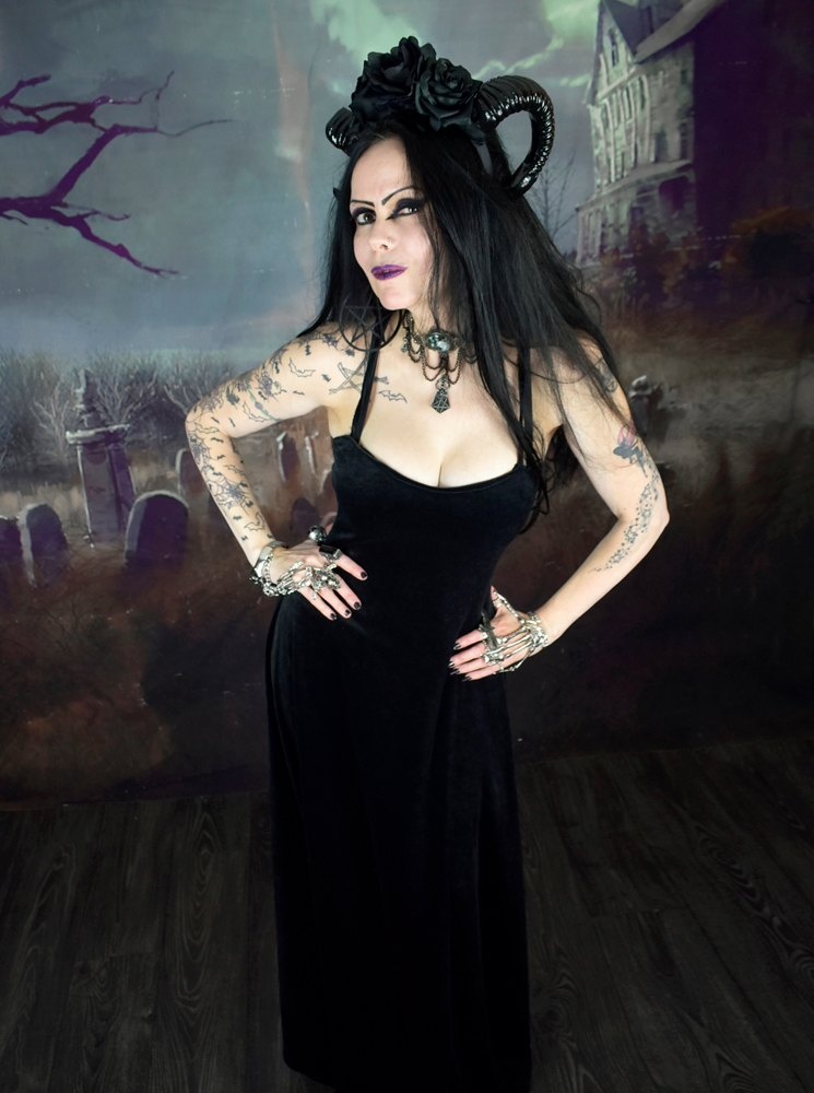 Countess Morgana Strapular Dress - steamed velvet strappy goth long dress by Moonmaiden Gothic Clothing