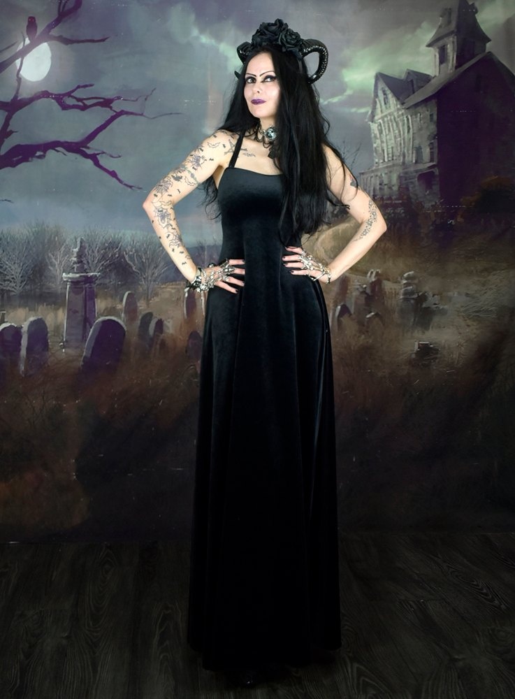 Countess Morgana Strapular Dress - steamed velvet strappy goth long dress by Moonmaiden Gothic Clothing
