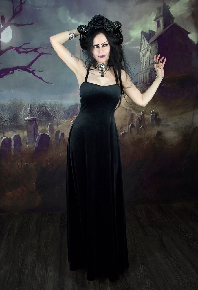 Countess Morgana Strapular Dress - steamed velvet strappy goth long dress by Moonmaiden Gothic Clothing