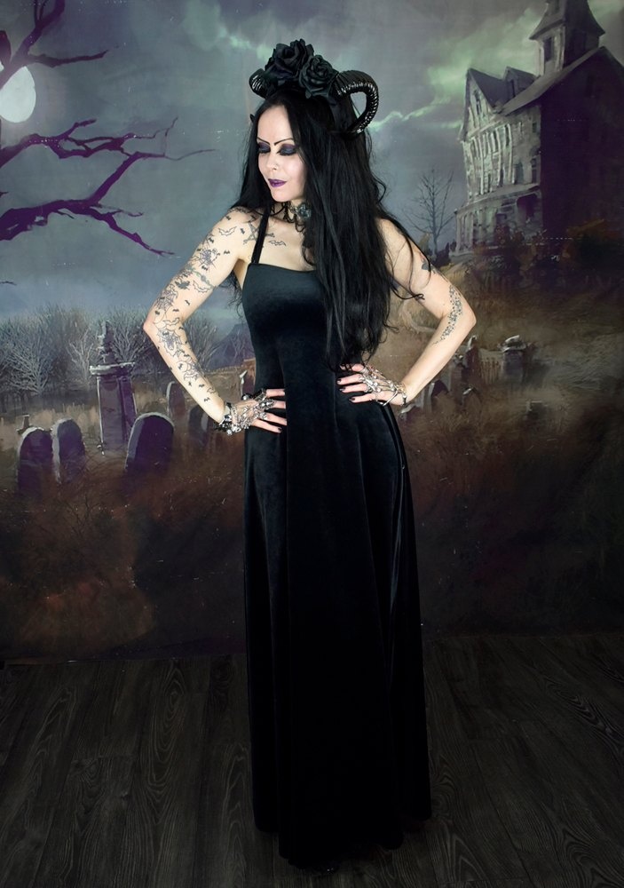 Countess Morgana Strapular Dress - steamed velvet strappy goth long dress by Moonmaiden Gothic Clothing
