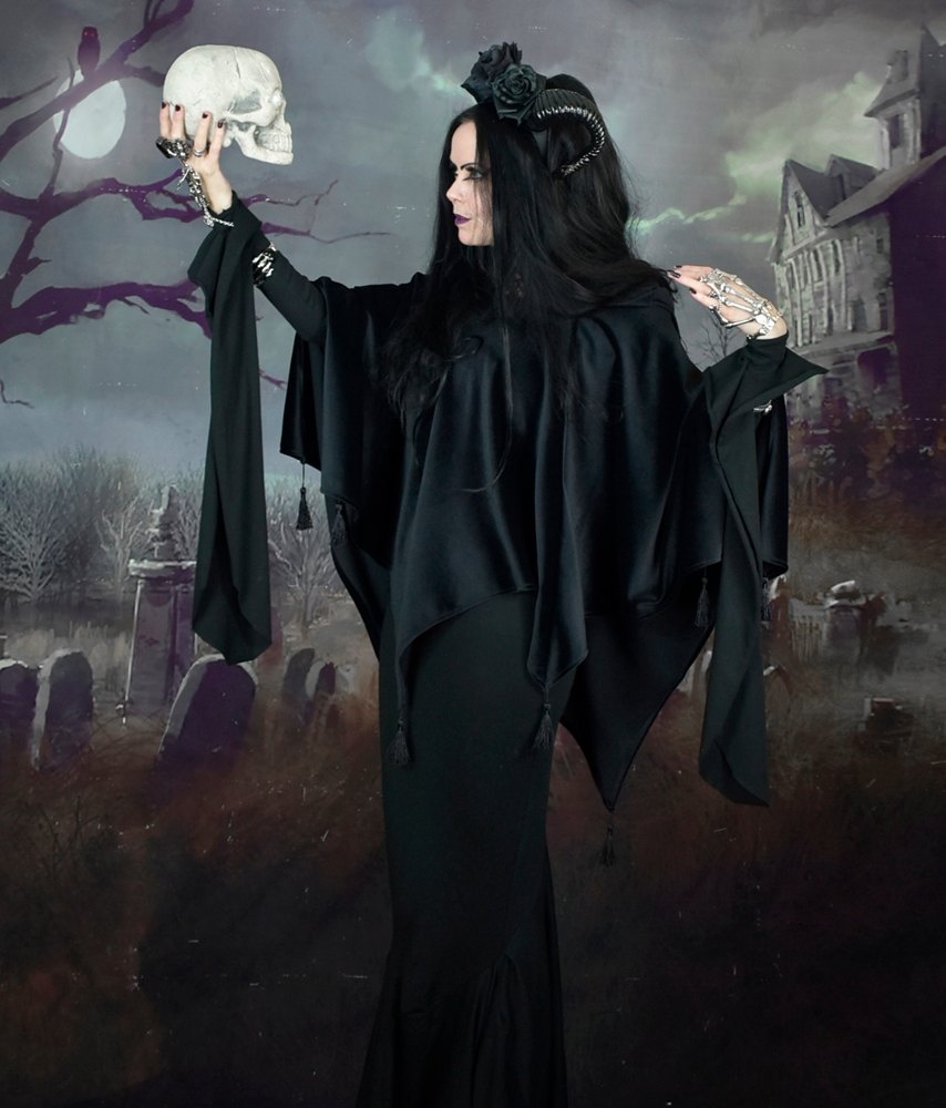 Witchy Kai Poncho - steamed velvet hooded shawl by Moonmaiden Gothic Clothing