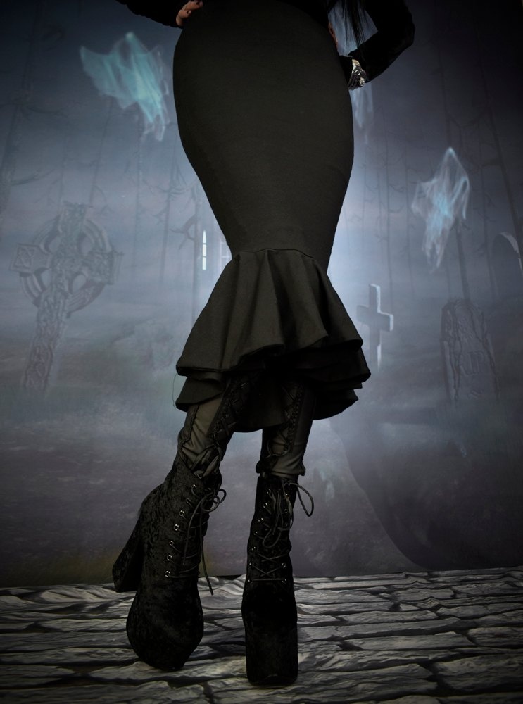Eviscerella Hobble Skirt - cotton lycra slinky fitted midi skirt by Moonmaiden Gothic Clothing
