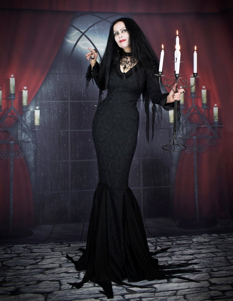 Anjelica Huston Morticia Addams Deluxe Gown - brocade cosplay costume Addams Family replica dress by Moonmaiden Gothic Clothing
