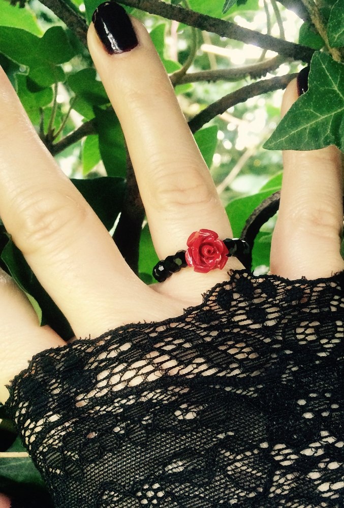 Red Rose & Crystal Bead Stretch Ring
