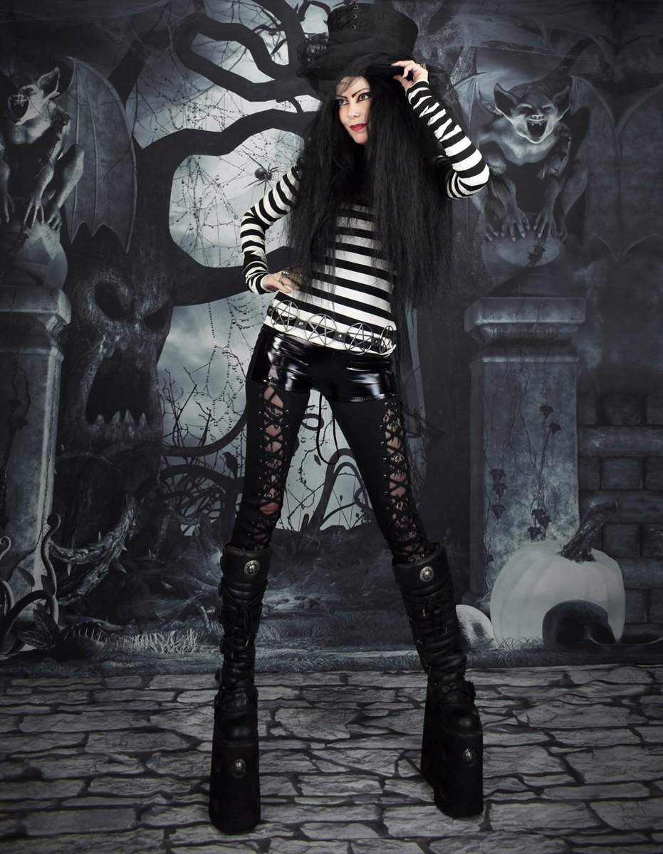 Minerva Madness Top - stripey witchy Top with overlong sleeves by Moonmaiden Gothic Clothing