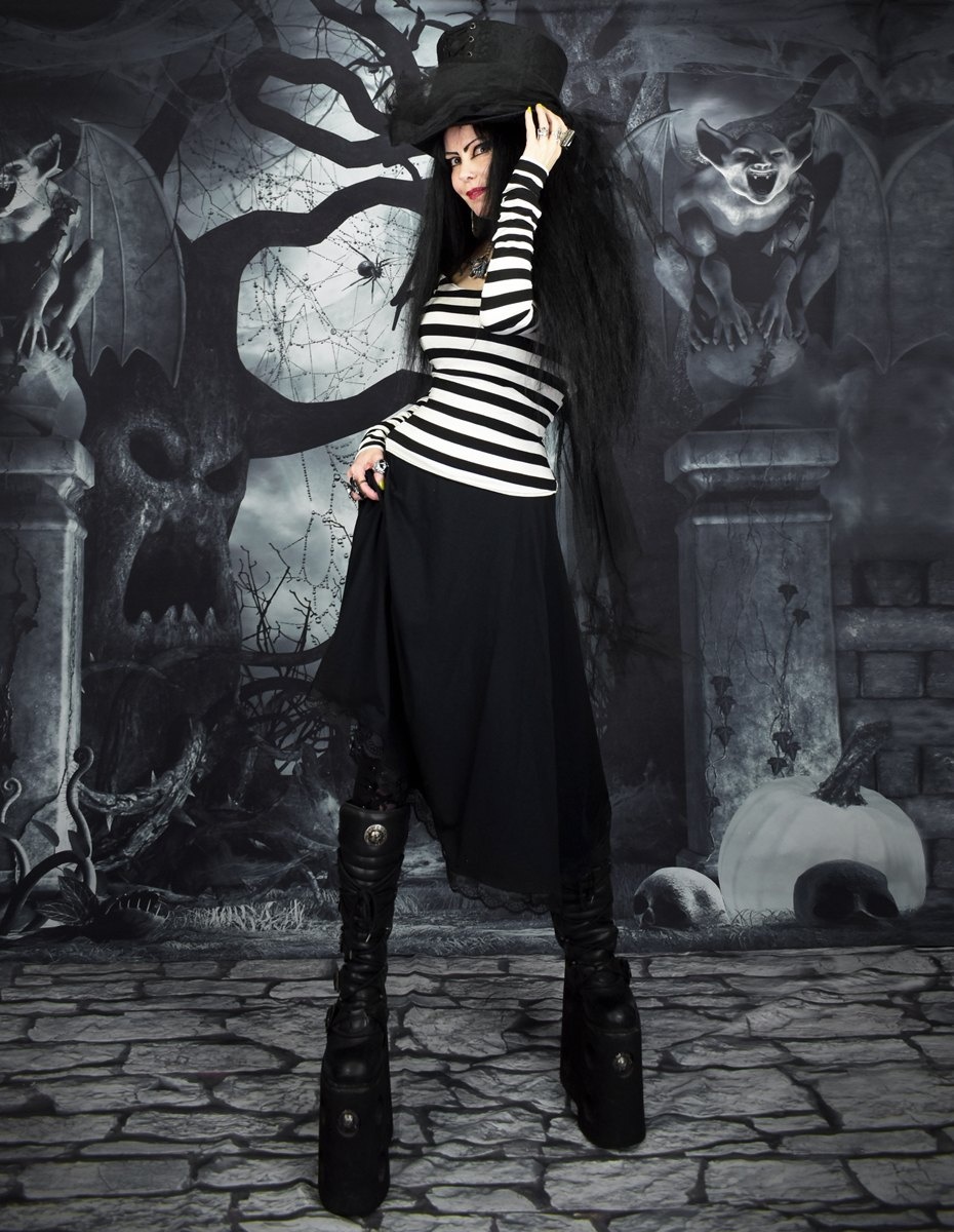 Minerva Madness Top - stripey witchy Top with overlong sleeves by Moonmaiden Gothic Clothing