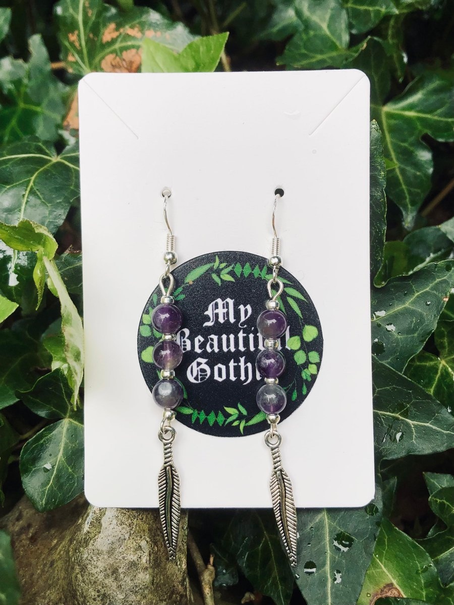 My Beautiful Gothic Amethyst & Feather Earrings