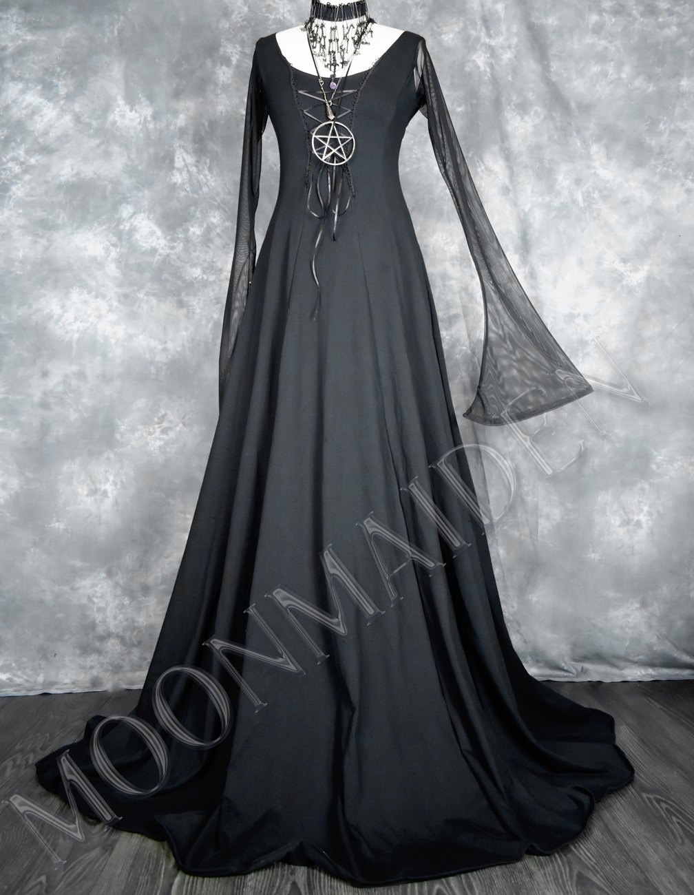 Minerva Maiden Gown - Cotton and Mesh witchy pagan long dress by Moonmaiden Gothic Clothing