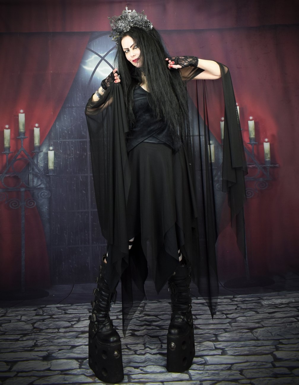 Evie Witch Top - Steamed Velvet and Mesh Epic Witchy Sleeved Top by Moonmaiden Gothic Clothing