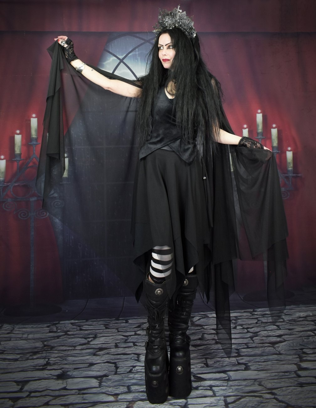 Evie Witch Top - Steamed Velvet and Mesh Epic Witchy Sleeved Top by Moonmaiden Gothic Clothing