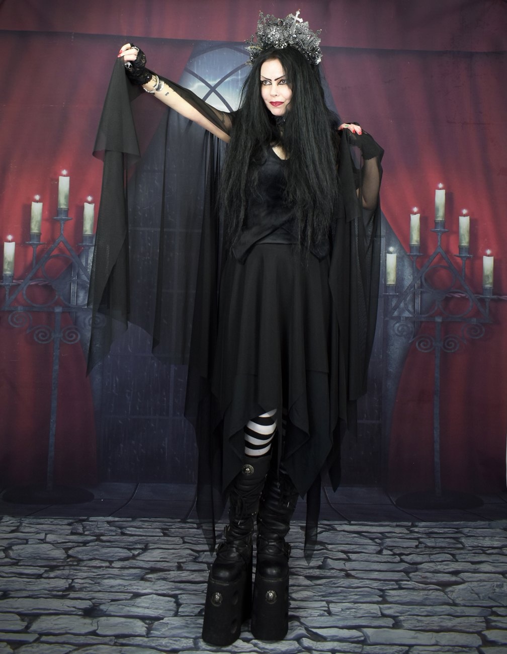 Evie Witch Top - Steamed Velvet and Mesh Epic Witchy Sleeved Top by Moonmaiden Gothic Clothing