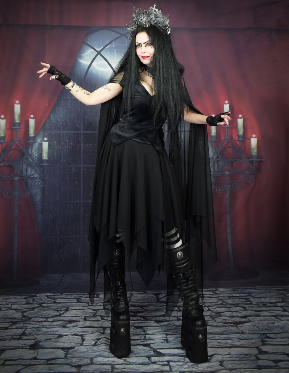 Evie Witch Top - Steamed Velvet and Mesh Epic Witchy Sleeved Top by Moonmaiden Gothic Clothing