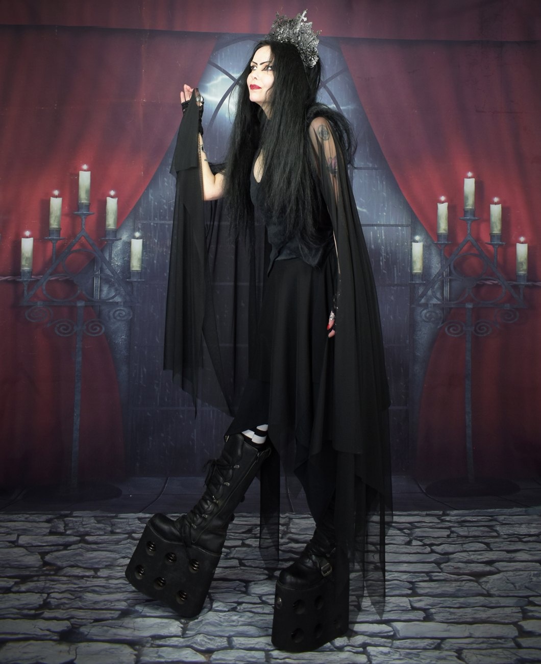 Evie Witch Top - Steamed Velvet and Mesh Epic Witchy Sleeved Top by Moonmaiden Gothic Clothing