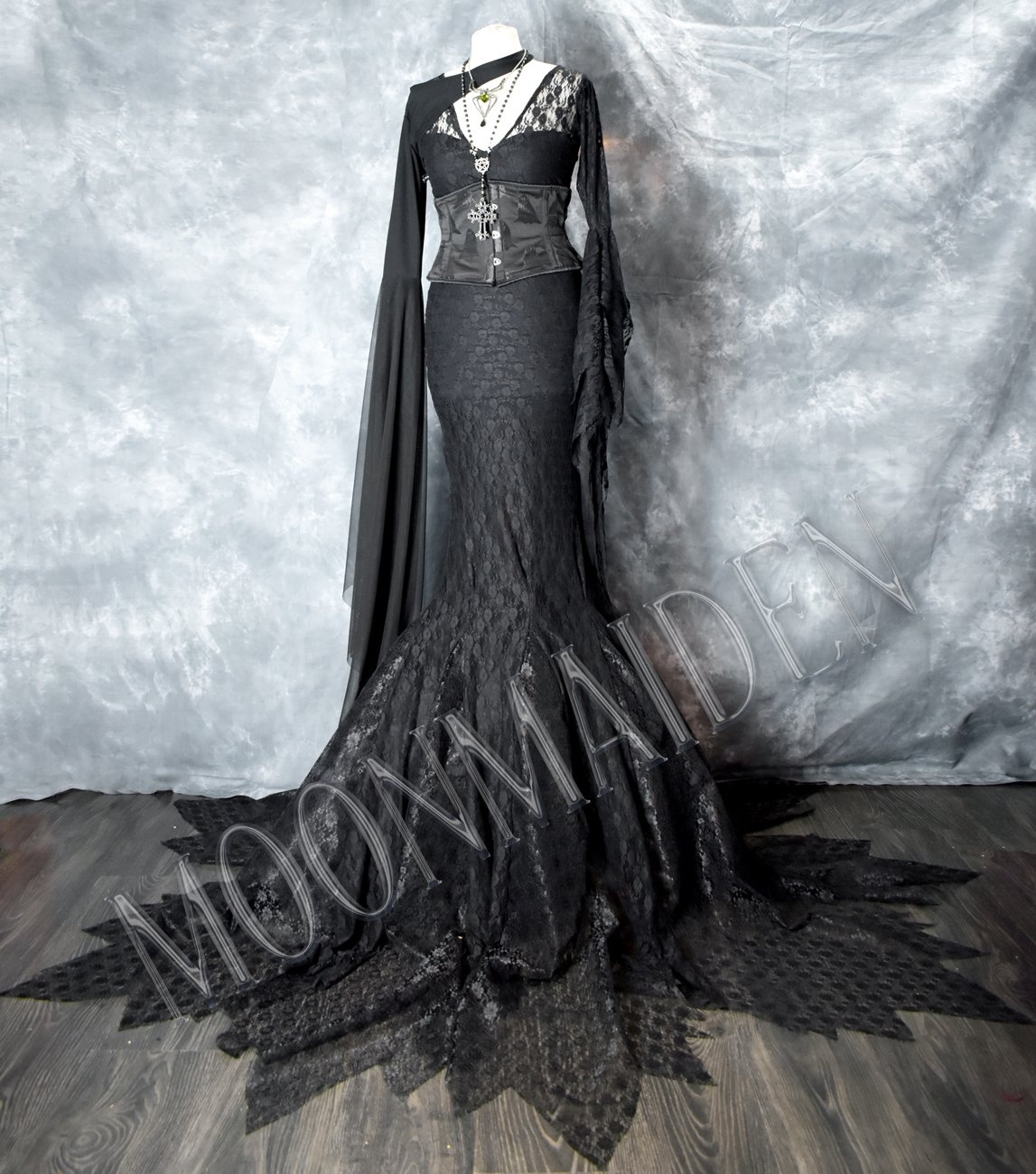 Lace Morticia Addams Gown - sheer Lace Morticia Dress by Moonmaiden Gothic Clothing
