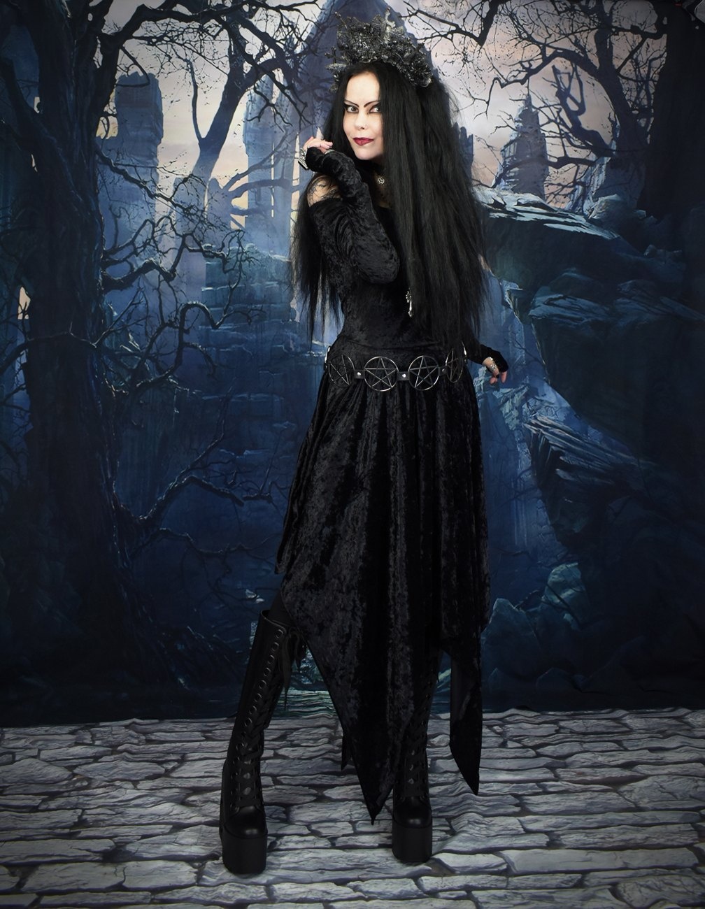 Velvet Lamentation Dress - Long Sleeved Thumbhole Witchy Dress by Moonmaiden Gothic Clothing