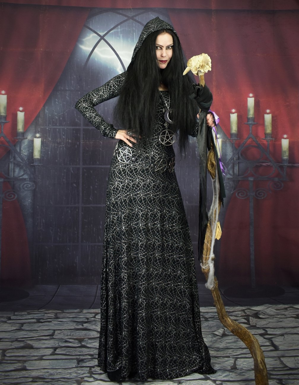 Sparklewitch Dress - cobweb silver and black witchy dress by Moonmaiden Gothic Clothing