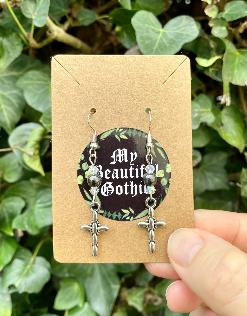 Hematite & Decorative Cross Earrings