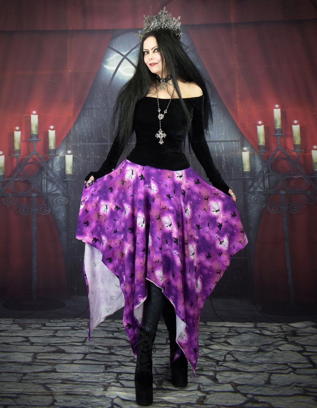 Witchywytch Skirt - swishy elvenwitch printed witch goth skirt by Moonmaiden Gothic Clothing