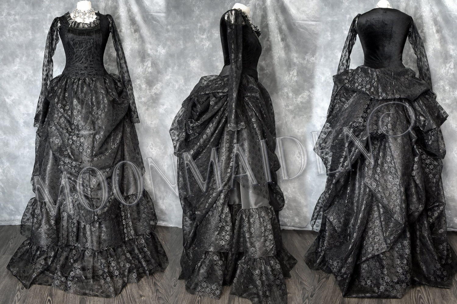Metallia Bustle Gown - velvet, lace and taffeta steampunk victorian gown by Moonmaiden Gothic Clothing