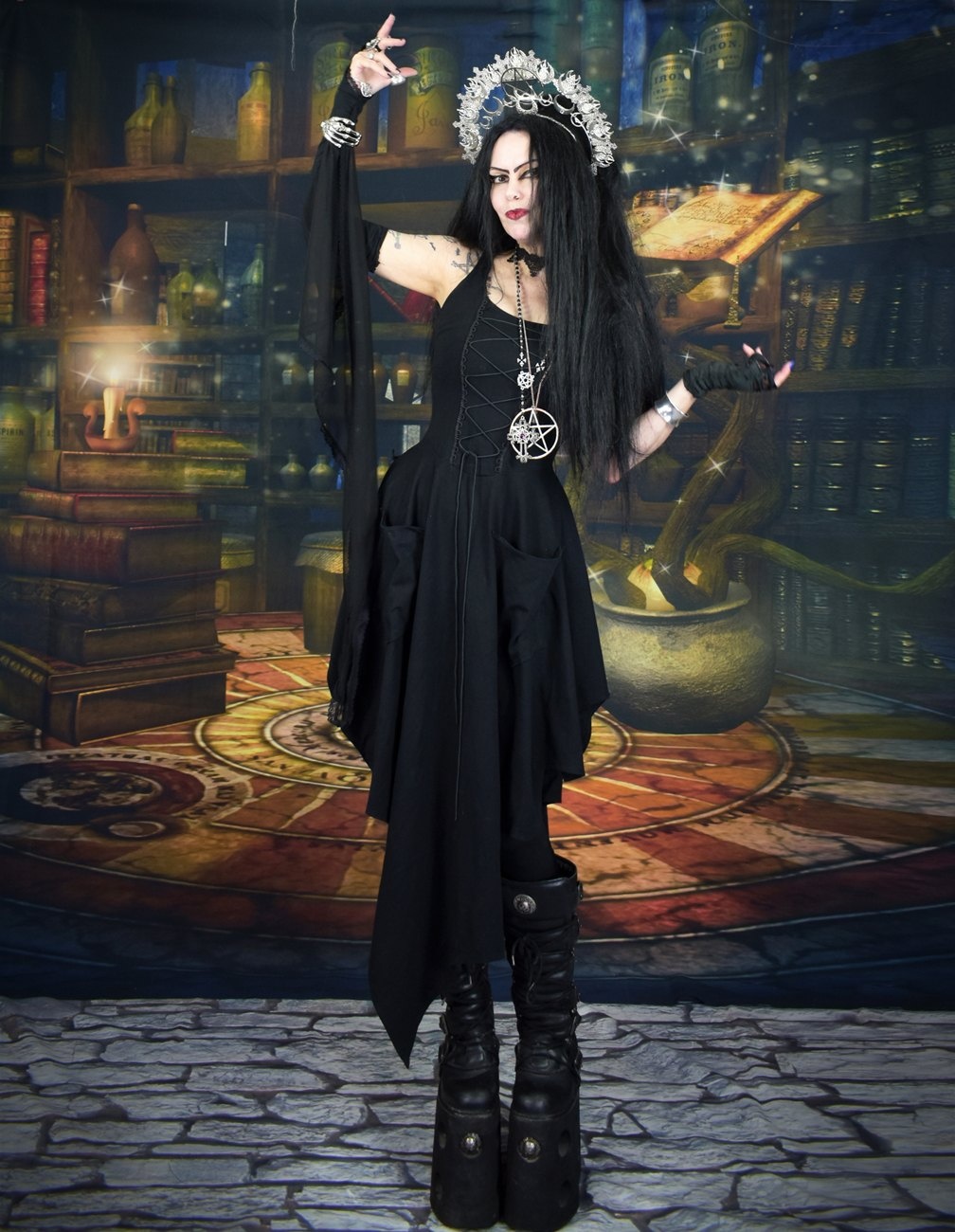 Hedgewytch Dress - cotton lycra witchy goth dress with pockets!