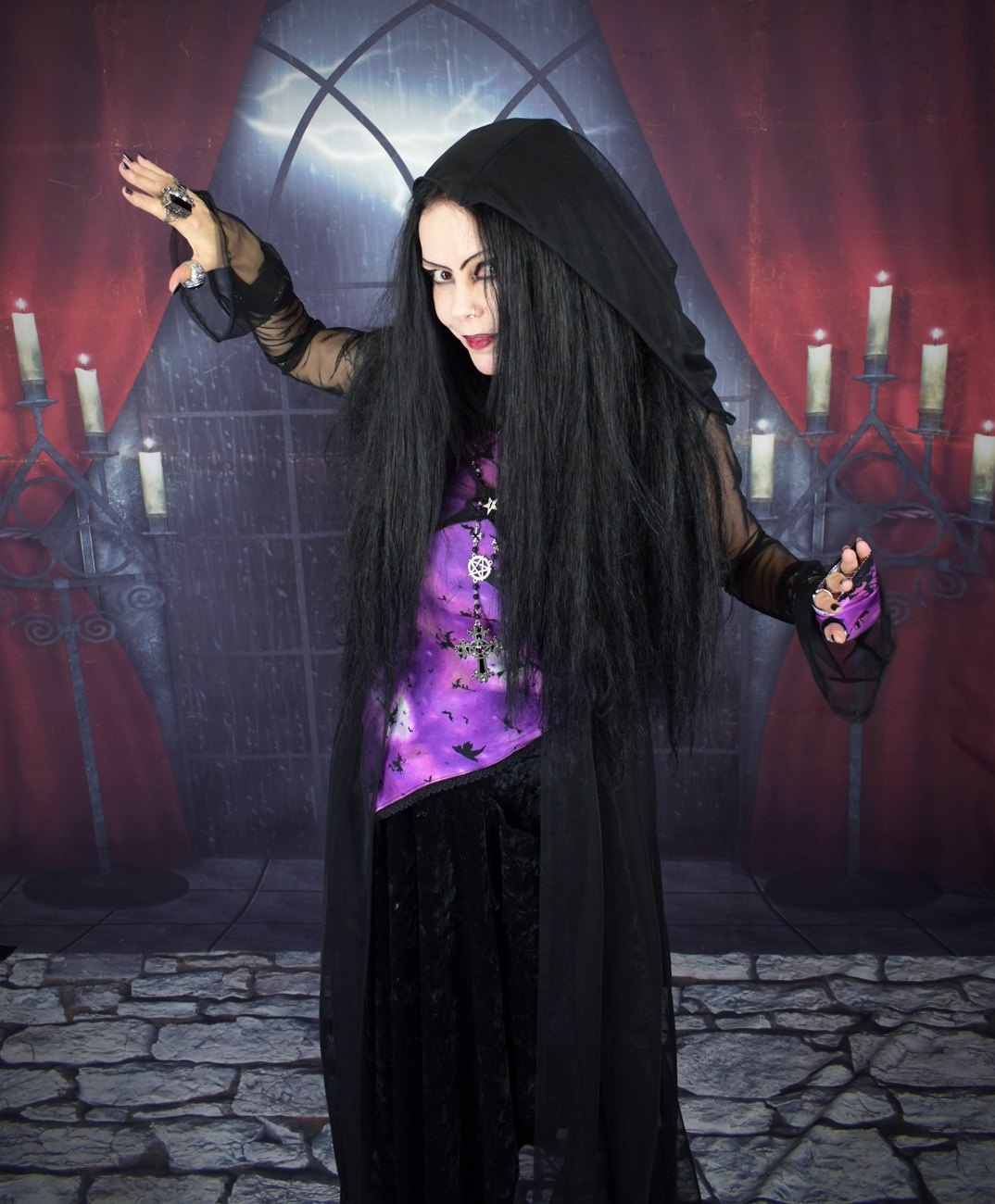 Mesh Minerva Duster Coat - sheer split panelled spooky witchy hooded coat by Moonmaiden gothic clothing