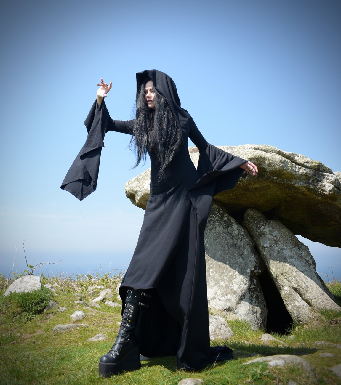 Seeker of Samhain Gown - cotton lycra witchy cowl hood goth dress by Moonmaiden Gothic Clothing