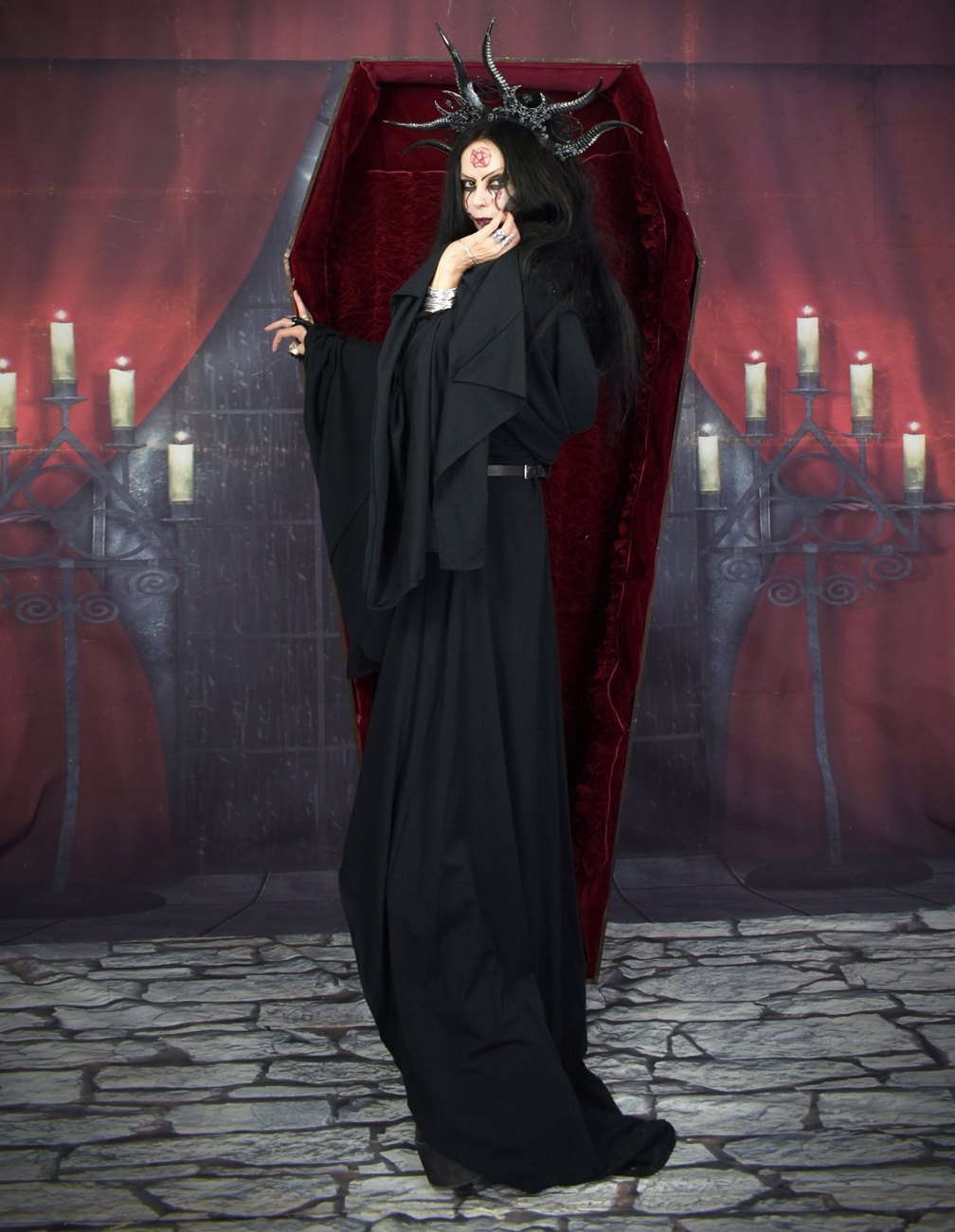 Seeker of Samhain Gown - cotton lycra witchy cowl hood goth dress by Moonmaiden Gothic Clothing