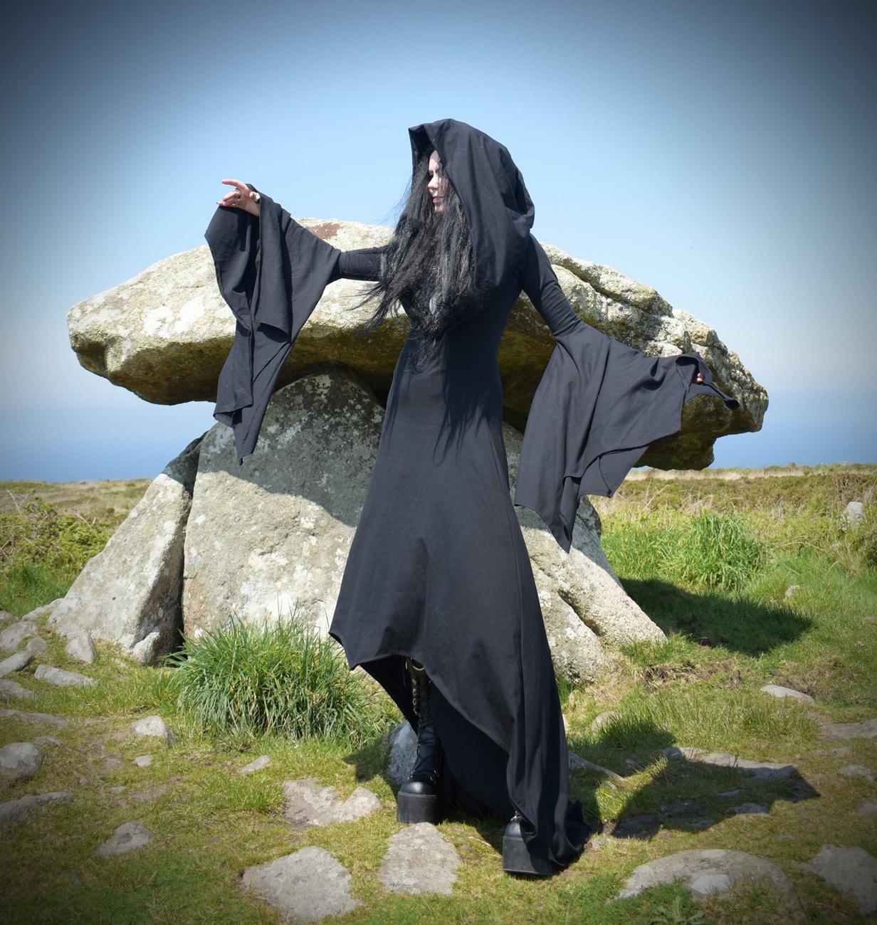 Seeker of Samhain Gown - cotton lycra witchy cowl hood goth dress by Moonmaiden Gothic Clothing