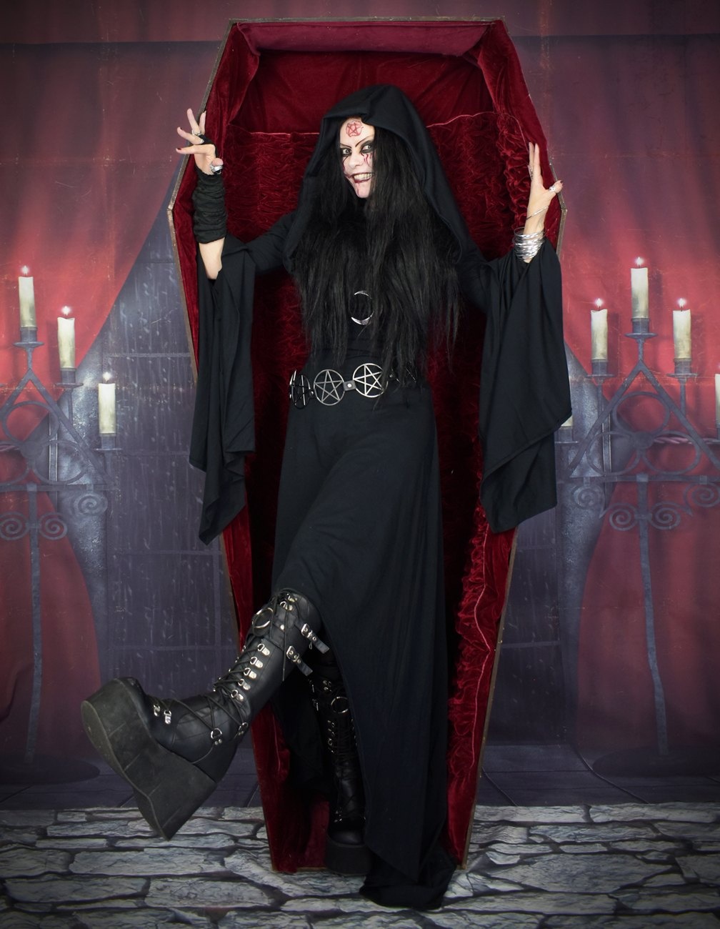 Seeker of Samhain Gown - cotton lycra witchy cowl hood goth dress by Moonmaiden Gothic Clothing
