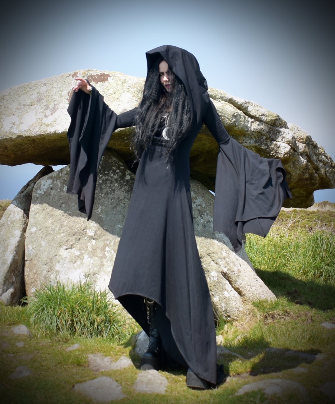 Seeker of Samhain Gown - cotton lycra witchy cowl hood goth dress by Moonmaiden Gothic Clothing