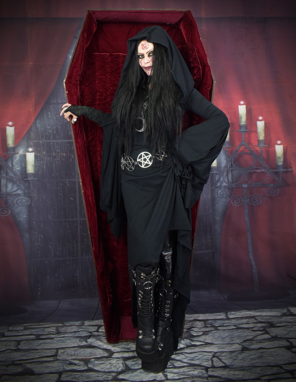 Seeker of Samhain Gown - cotton lycra witchy cowl hood goth dress by Moonmaiden Gothic Clothing