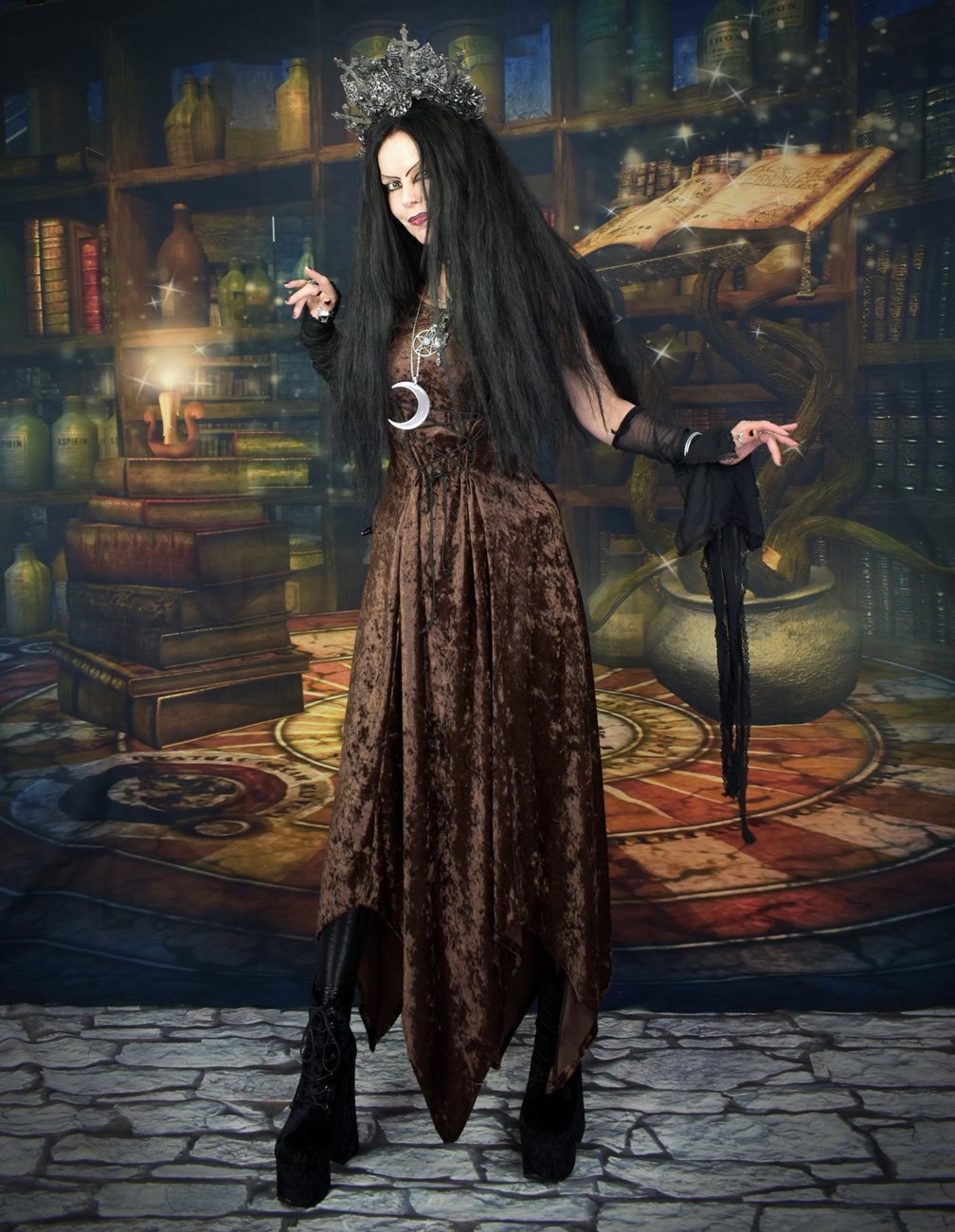 Sistermoon Dress - crushed velvet witchy goth long dress by Moonmaiden Gothic Clothing