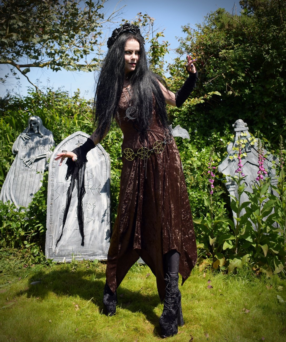 Sistermoon Dress - crushed velvet witchy goth long dress by Moonmaiden Gothic Clothing