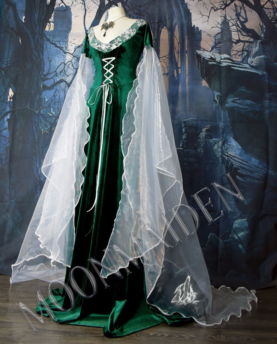 Finduilas Gown - spandex velvet and Organza Elven Witch Dress by Moonmaiden Gothic Clothing