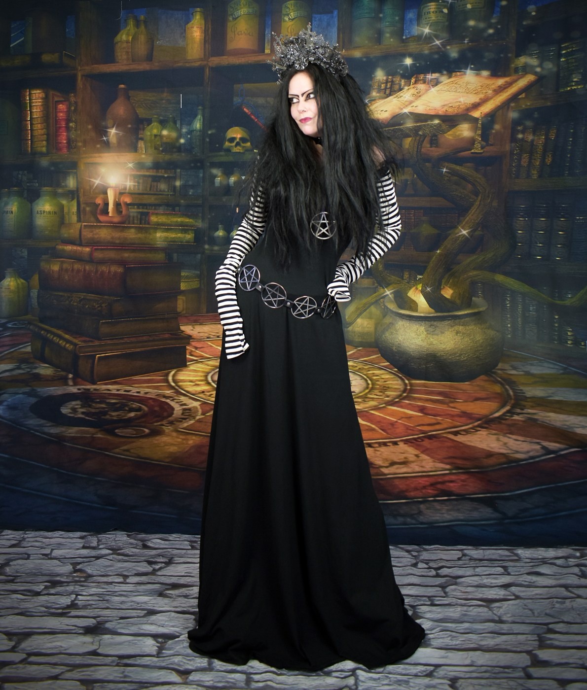 Diamanda Witch Dress - cotton lycra stripey sleeve long witchy dress by Moonmaiden Gothic Clothing