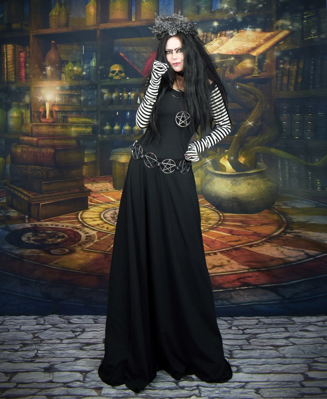 Diamanda Witch Dress - cotton lycra stripey sleeve long witchy dress by Moonmaiden Gothic Clothing
