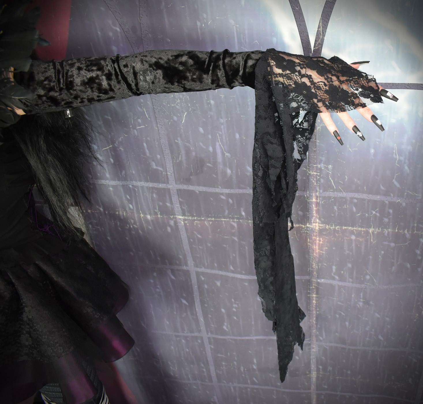 Morticia Raven Gloves - Crushed Velvet and Mesh spooky witchy goth gloves by Moonmaiden Gothic Clothing