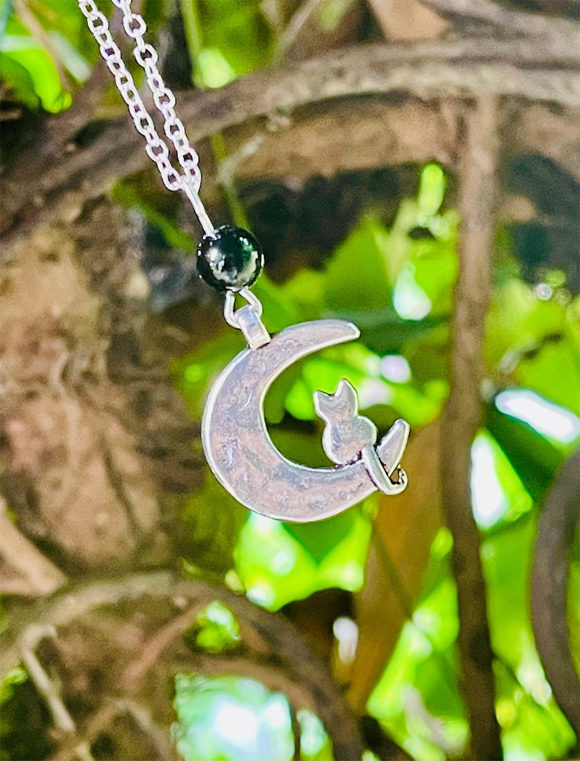 Moon Cat & Black Onyx Pendant Necklace by My Beautiful Gothic