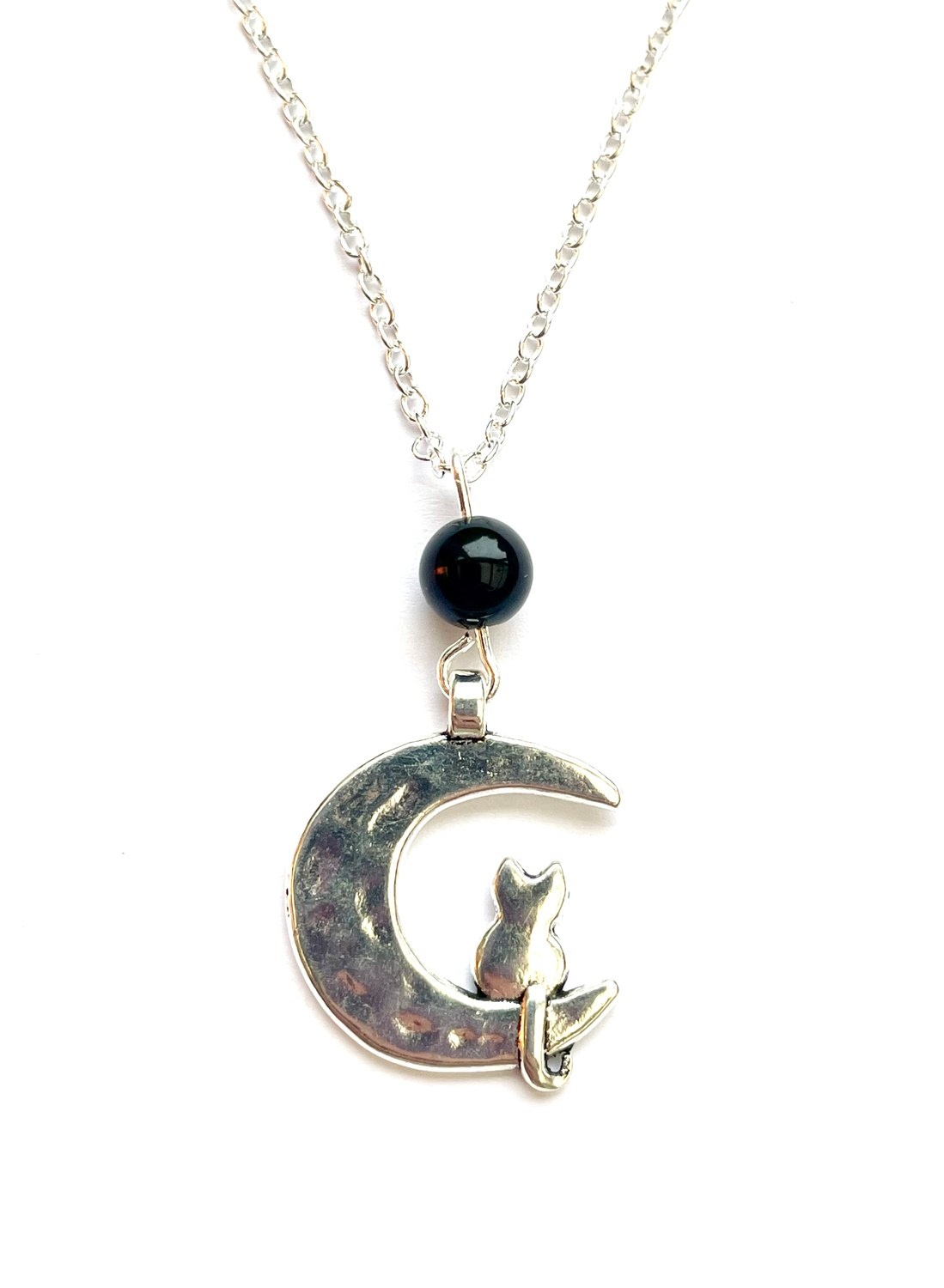 Moon Cat & Black Onyx Pendant Necklace by My Beautiful Gothic