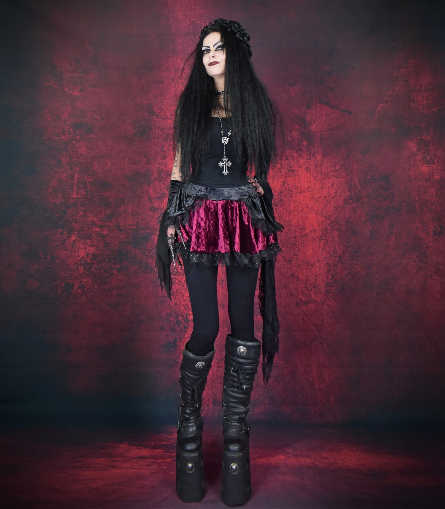 Blackdeath Miniskirt - cute and spooky skirt with crushed velvet and lace trim by Moonmaiden Gothic Clothing