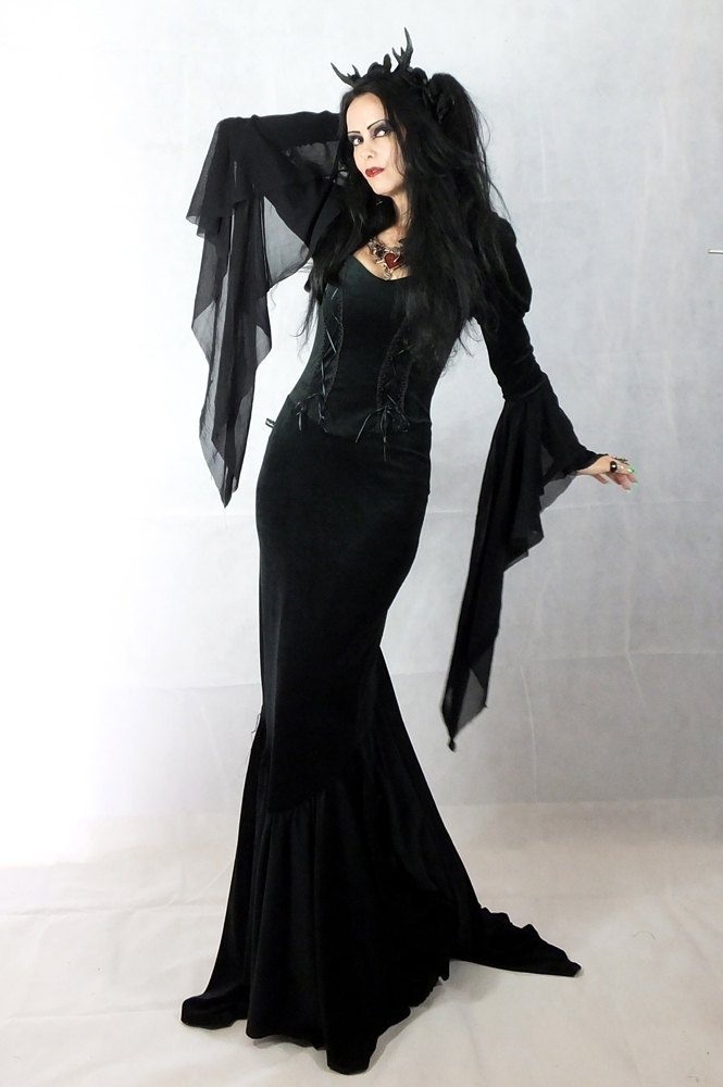 Madame Eviscerella Gown - steamed velvet morticia addams witch halloween vamp dress by Moonmaiden Gothic Clothing