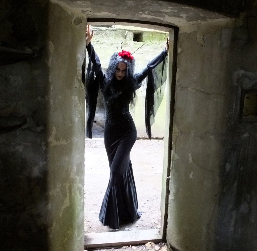 Madame Eviscerella Gown - steamed velvet morticia addams witch halloween vamp dress by Moonmaiden Gothic Clothing