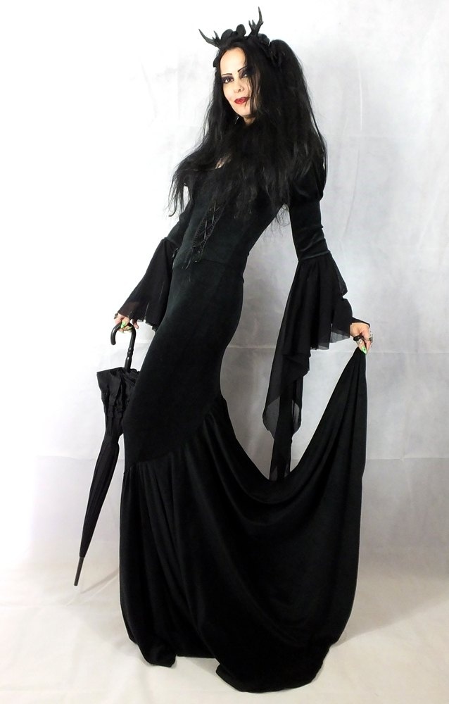 Madame Eviscerella Gown - steamed velvet morticia addams witch halloween vamp dress by Moonmaiden Gothic Clothing