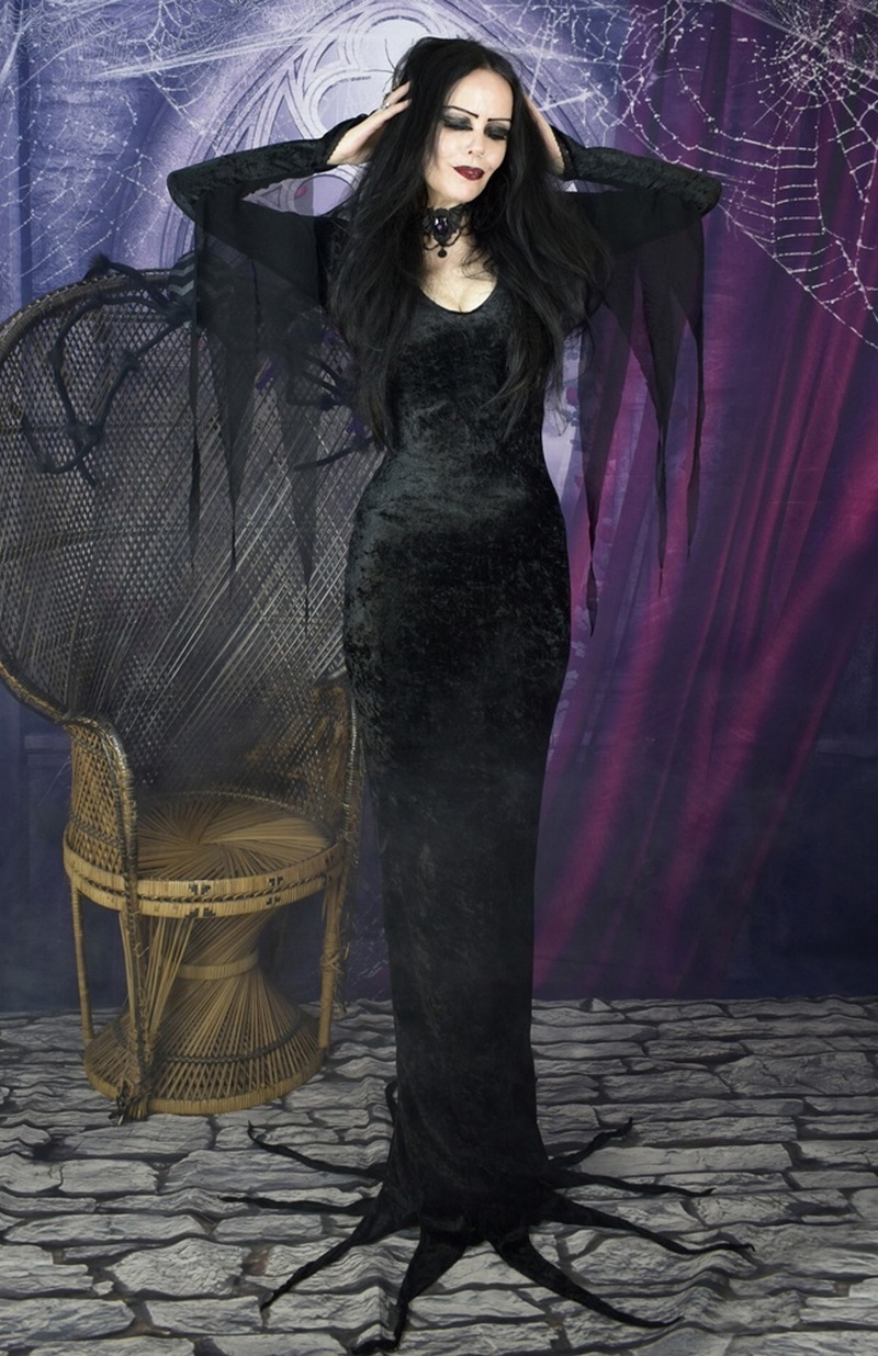 Morticia Addams Dress - crushed velvet goth cosplay Morticia Addams Halloween costume
