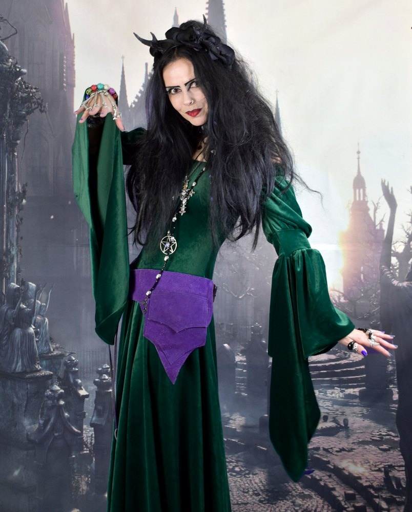 Moonshadow Morwenna Gown - witchy clothing - steamed velvet off shoulder medieval arthurian witch dress by Moonmaiden