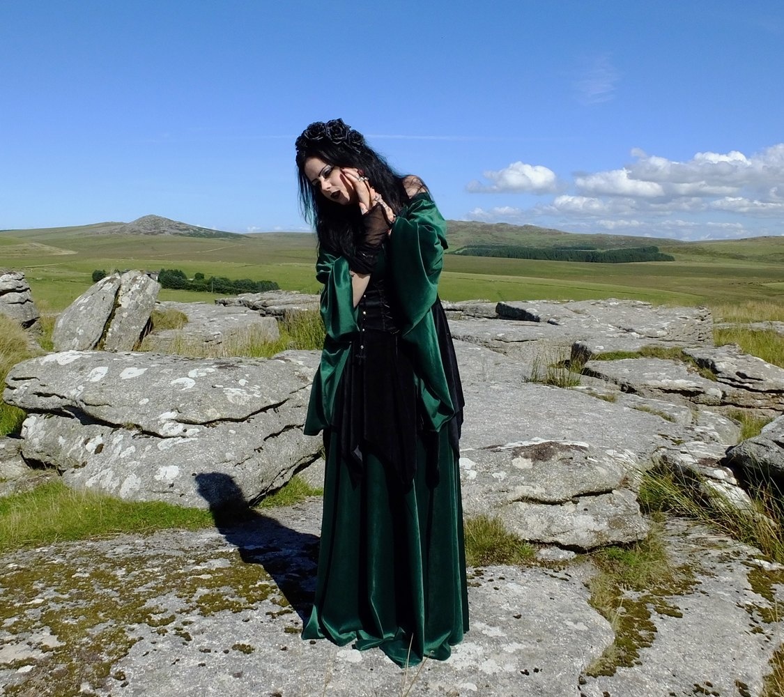 Moonshadow Morwenna Gown - witchy clothing - steamed velvet off shoulder medieval arthurian witch dress by Moonmaiden