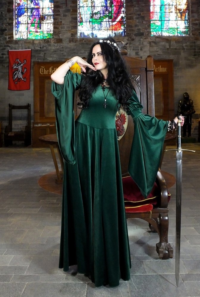 Moonshadow Morwenna Gown - witchy clothing - steamed velvet off shoulder medieval arthurian witch dress by Moonmaiden