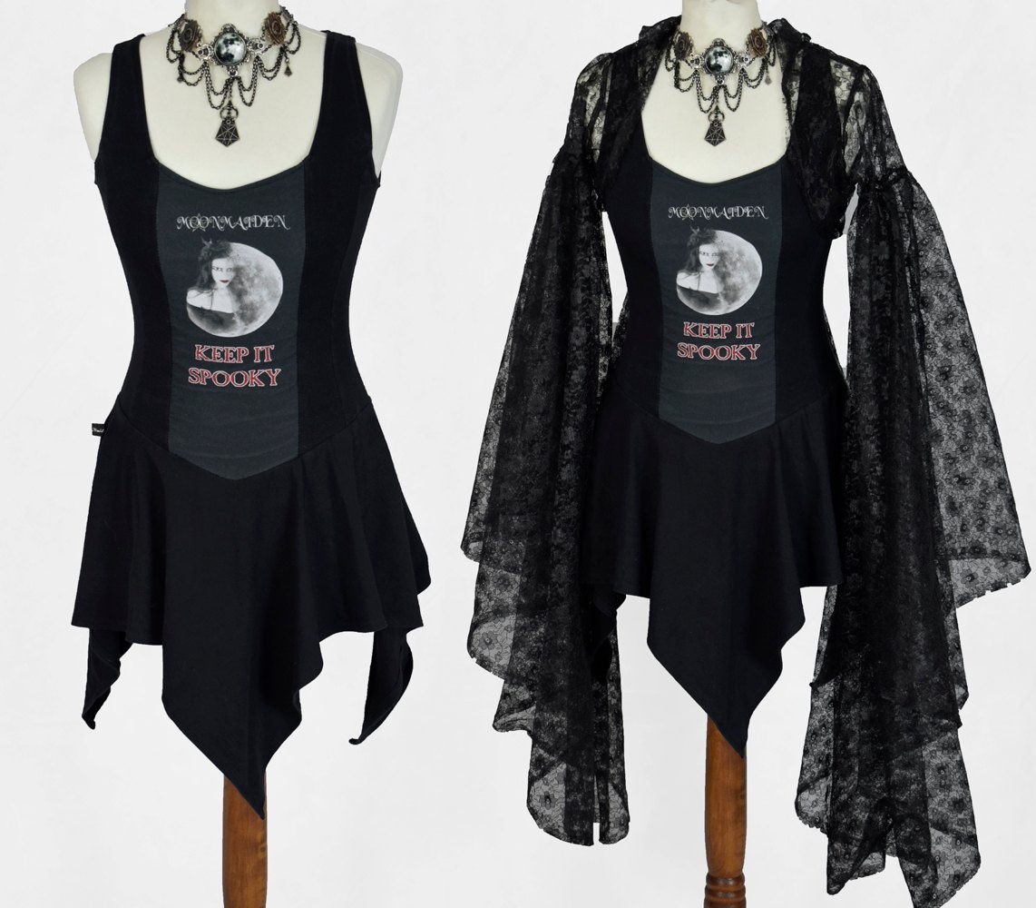 Keep it Spooky Minidress - cotton lycra logo witchy mini dress worn with Funerialle Bolero