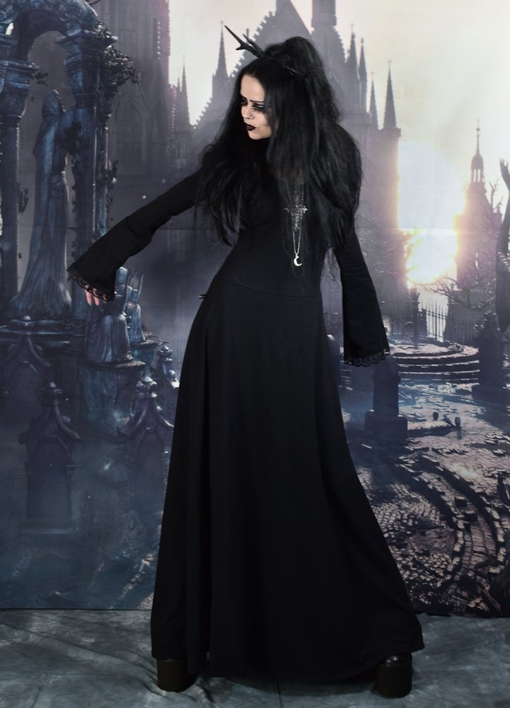 Gofficeia Witch Dress - witchy clothing - cotton lycra long witchy goth steampunk dress by Moonmaiden Gothic Clothing